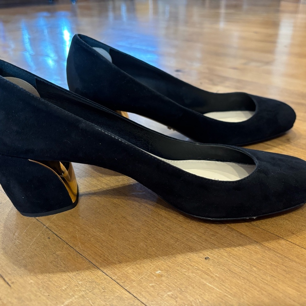 Prada Black and Gold Heels with Chunky Block Heel